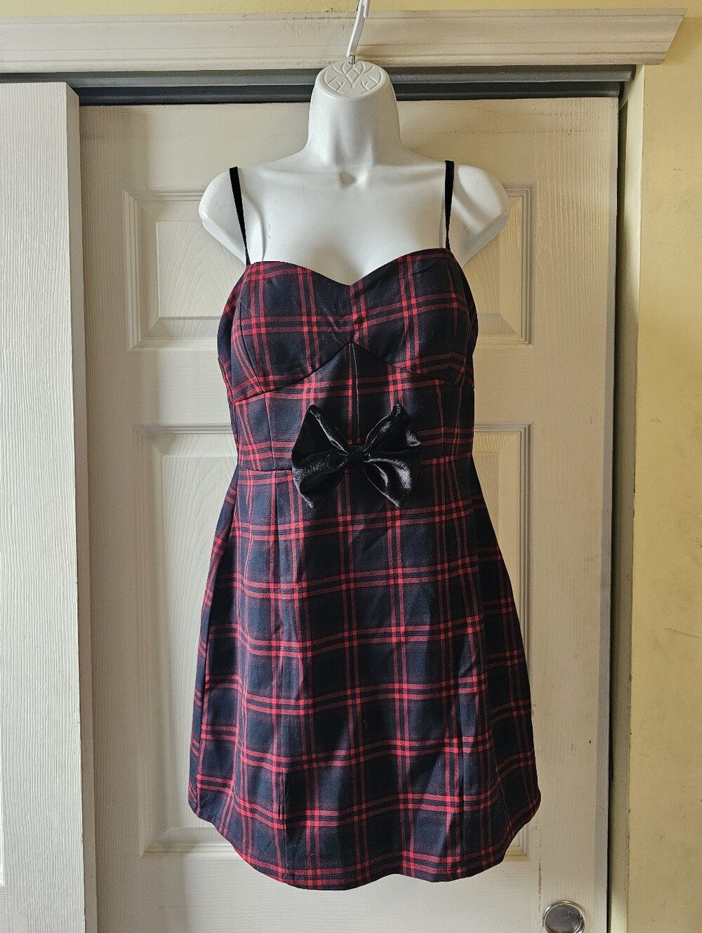Avec Les Filles Size 8 Red Black Plaid Bustier Mini Dress with Bow - Picture 2 of 16
